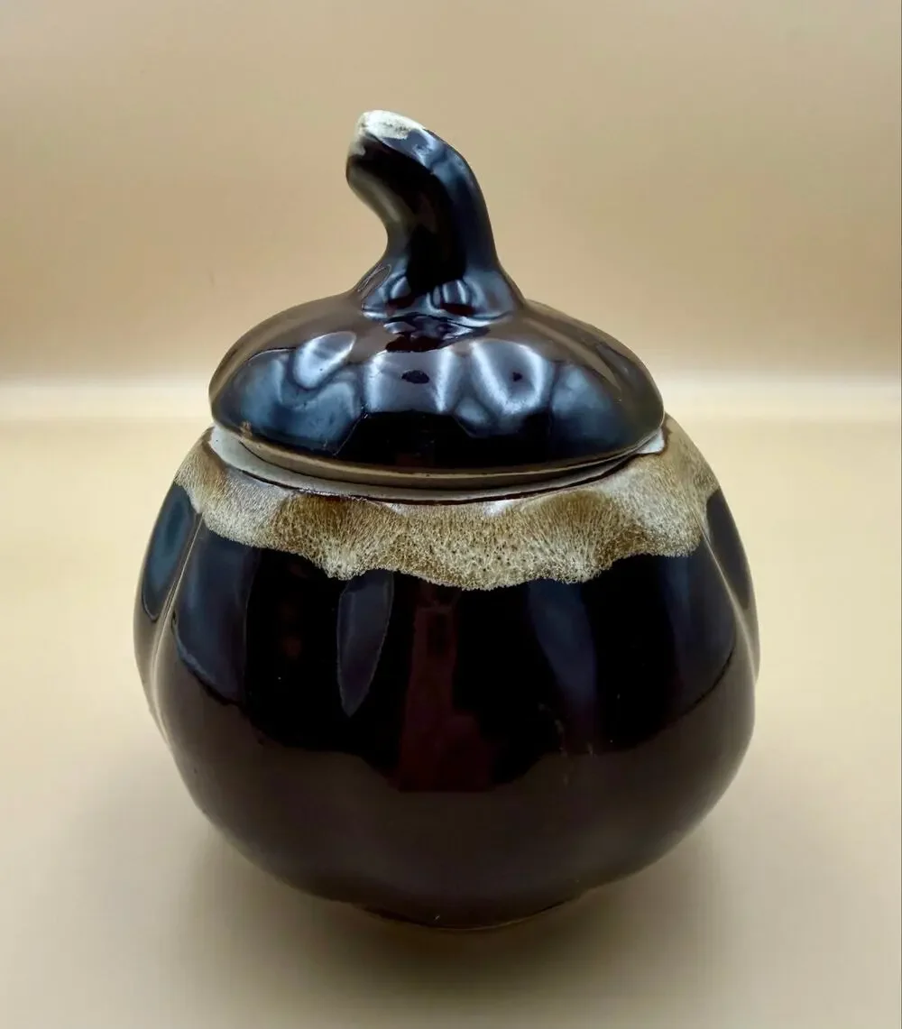 Vintage Studio Pottery Lidded Jar Tenmoku Drip Glaze Signed Monogram Stoneware